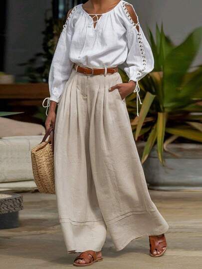 Balvessa 女士休闲度假通勤纯色褶裥宽松阔腿裤，不含腰带