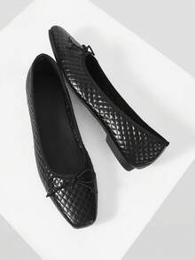 Mnmlis Zapatos planos de punta cuadrada con patrón de rombo francés, zapatos de lujo de alta calidad para el transporte - Negro - Ver 4