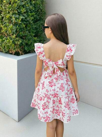 SHEIN Vestido casual, de moda y versátil con mangas cortas, espalda hueca, lazo y estampado floral diminuto con cintura ceñida, para fiestas, salidas, sesiones de fotos con hermanas, parques, campamentos, vacaciones y uso diario casual