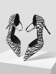 MOTF WOMEN'S FASHIONABLE ELEGANT COMMUTER ZEBRA PRINT POINTED TOE ADJUSTABLE BUCKLE HIGH HEELS VALENTINE'S DAY - Black and White - View 5