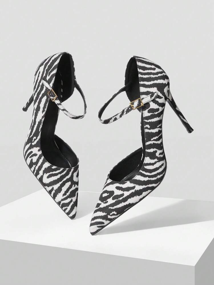 WOMEN'S FASHIONABLE ELEGANT COMMUTER ZEBRA PRINT POINTED TOE ADJUSTABLE BUCKLE HIGH HEELS VALENTINE'S DAY SPRING SHOES