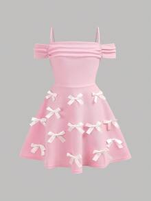 SHEIN Tween Girl Casual Elegant Cute Camisole A-Line Bowknot Hem Dress, Pink,Kids - Pink - View 2
