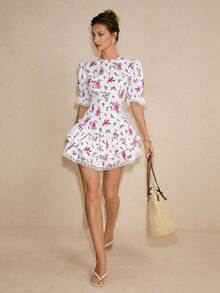 Poéselle Women's Floral Print White And Pink Summer Cottage Core Mini Dress,Puff Sleeve Backless Ruffle Hem Dress For Brunch,Wedding Guest Graduation Outfits - White - View 3