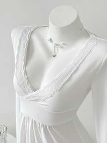 Elamini 休闲百搭深V领长袖蕾丝上衣，秋冬款 - 白色 - 查看 1