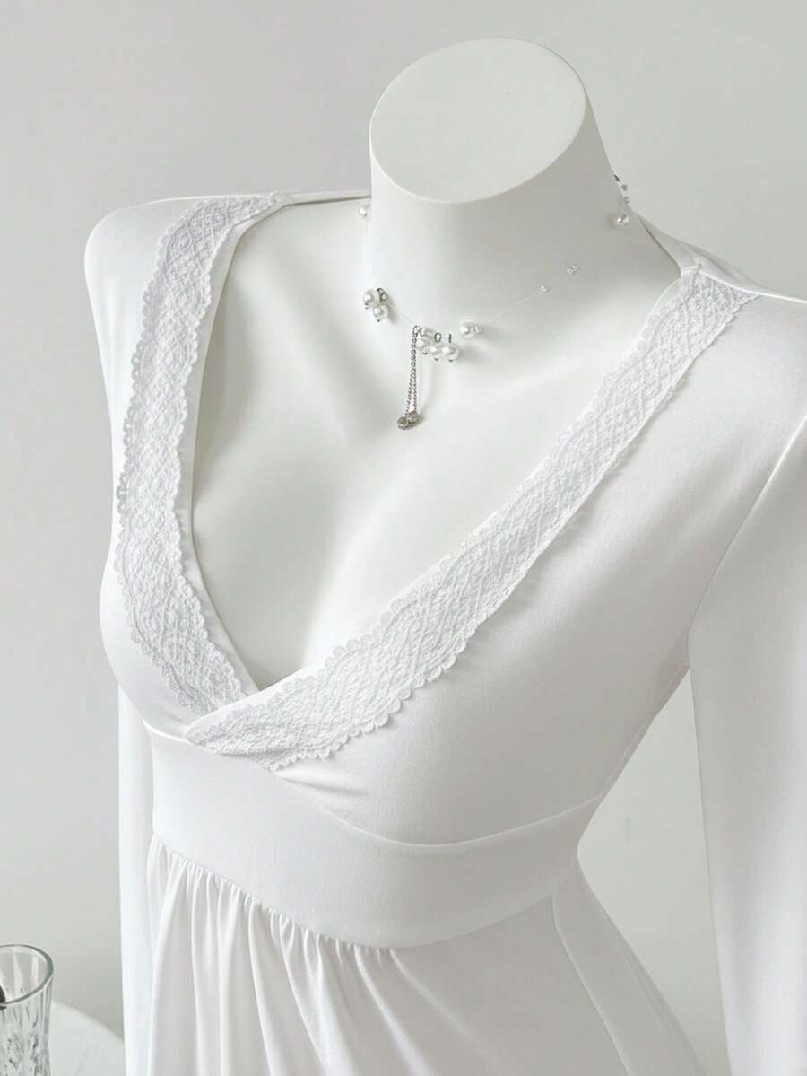 Elamini 休闲百搭深V领长袖蕾丝上衣，秋冬款 - 白色 - 查看 1