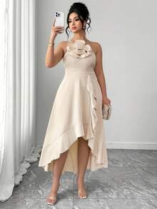 Vestido midi elegante de verano beige para mujer talla, con decoración floral 3D, sin mangas, bajo asimétrico con volantes, corte A y cintura, para boda, y banquete - Albaricoque - Ver 6