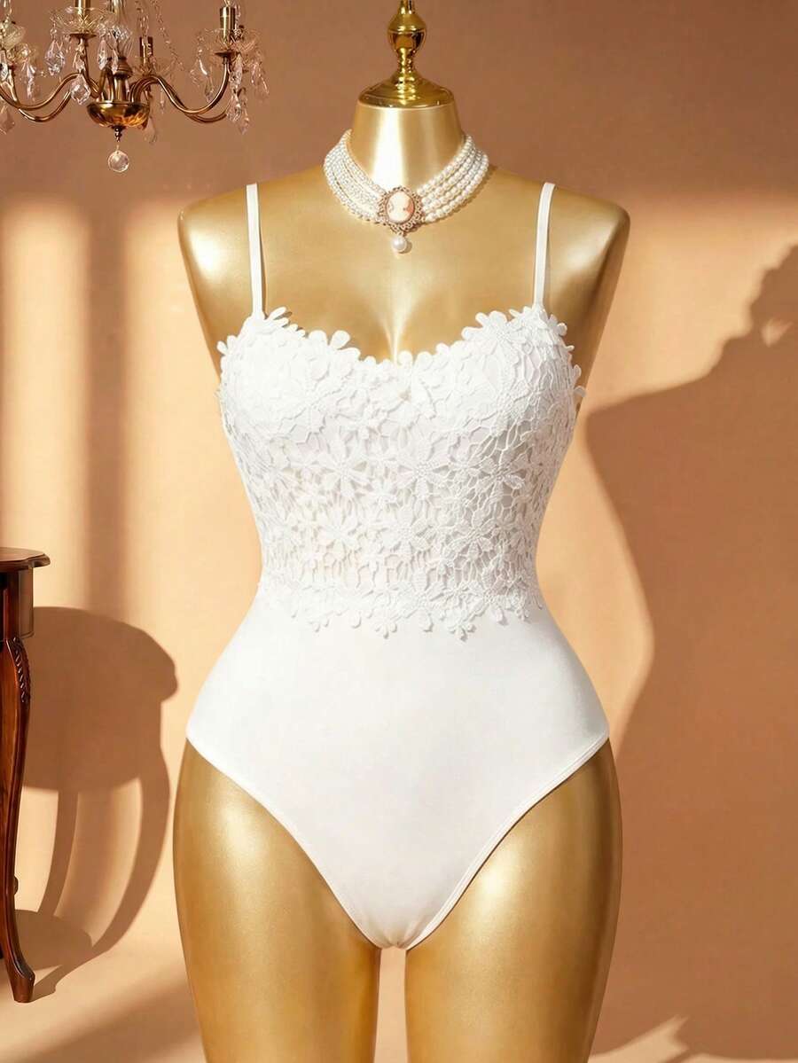 Rometta Plus Size Lace Applique Fitted Elegant Bodysuit - White - View 1
