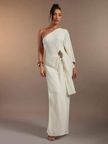 Hauture Women's Sexy Crochet Solid Asymmetrical Neckline Maxi Dress With Stylish Removable Metal Decor - White - View 3