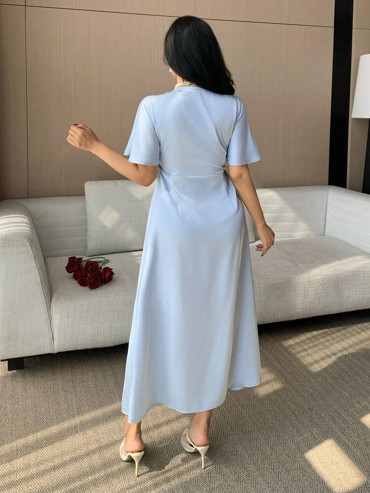 Women's Elegant Solid Color V-Neck Mid-Length Dress, Summer Wedding Guest Dress Sundress