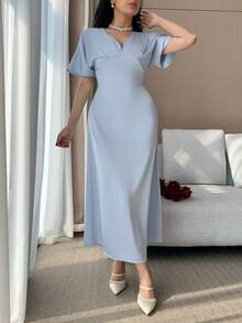DAZY Women's Elegant Solid Color V-Neck Mid-Length Dress, Summer Wedding Guest Dress Sundress - Blue - View 5
