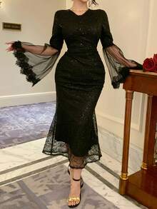 DAZY 春夏蕾丝拼接黑色连衣裙，优雅百搭，适合婚礼、派对、正式场合、通勤等场合。 - 黑色 - 查看 2