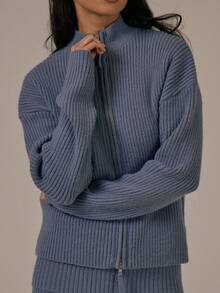 MUSERA 罗纹针织拉链开衫套头衫，春夏可爱舒适，田园风，春日露珠 - 霧霾藍 - 查看 2