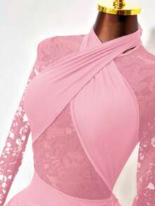 Mistrie Vestido elegante de mujer de unicolor con cruce envolvente, manga larga y parches de encaje - Rosa - Ver 5
