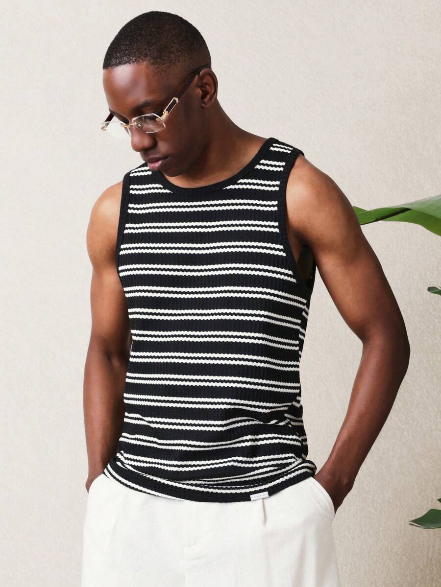 SUMWON 罗纹背心，横条纹图案，圆领无袖，夏季休闲日常穿着 - 黑與白 - 查看 1