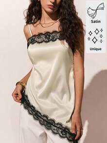 Poéselle 香槟色缎面蕾丝边吊带背心 - 优雅叠穿上衣，适合新年夜或派对、外出、情人节、夏季等场合，法式风格。 - 彩色 - 查看 5