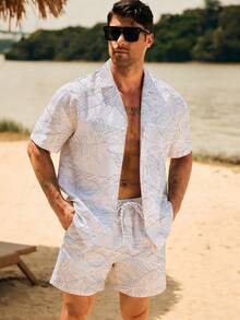 Manfinity Men's Summer Leaf Print Button-Front Shirt And Shorts Beach Outfit - Multicolor - View 6