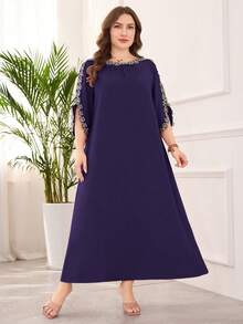 Lacomfia Plus Size Elegant Floral Applique Open Sleeve Dress - Purple - View 6