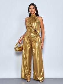 SOLERSUN 四季皆宜的女装，优雅休闲，派对风格，金色，弹力面料，闪亮反光激光面料，立领，侧系领口，无袖，背心款式，收腰设计，修身上衣，松紧腰带，阔腿裤，裤装套装，两件套 - 金色 - 查看 6