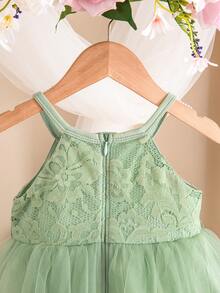SHEIN Elegant & Cute Green Lace Mesh Spaghetti Strap Dress/Romper - Green - View 5