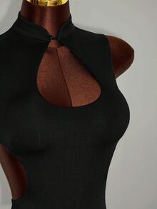 Amplova 2026新款复古中国风旗袍领性感露背镂空腰部设计修身迷你连衣裙 - 黑色 - 查看 9