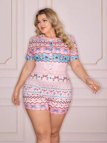 Slumberry CURVE Fair Isle Striped Pattern Plus Size Pajama Short Set,Cute & Sweet Pastel Pink Summer Family Matching Soft Rompers For Women Plus Size Sleepwear - Pink - View 3