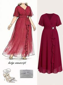 Ellevyn 大码优雅长款荷叶边连衣裙，红色，适合派对和休闲穿着，夏季大码曲线连衣裙。 - 紅色 - 查看 6