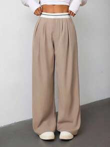 SHEIN PETITE 女士腰带缝线卡其色休闲优雅女士西装裤 - 卡其色 - 查看 7