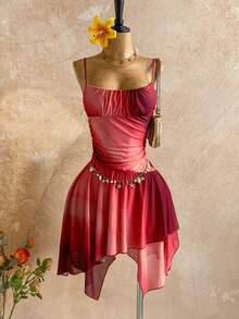 Soleia Women's Gradient Print Asymmetrical Hem Ruched Bust Spaghetti Strap Midi Dress, Sexy For Beach, Date, Holiday, Beach Vacation, Wedding, Cruise - Burgundy - View 1