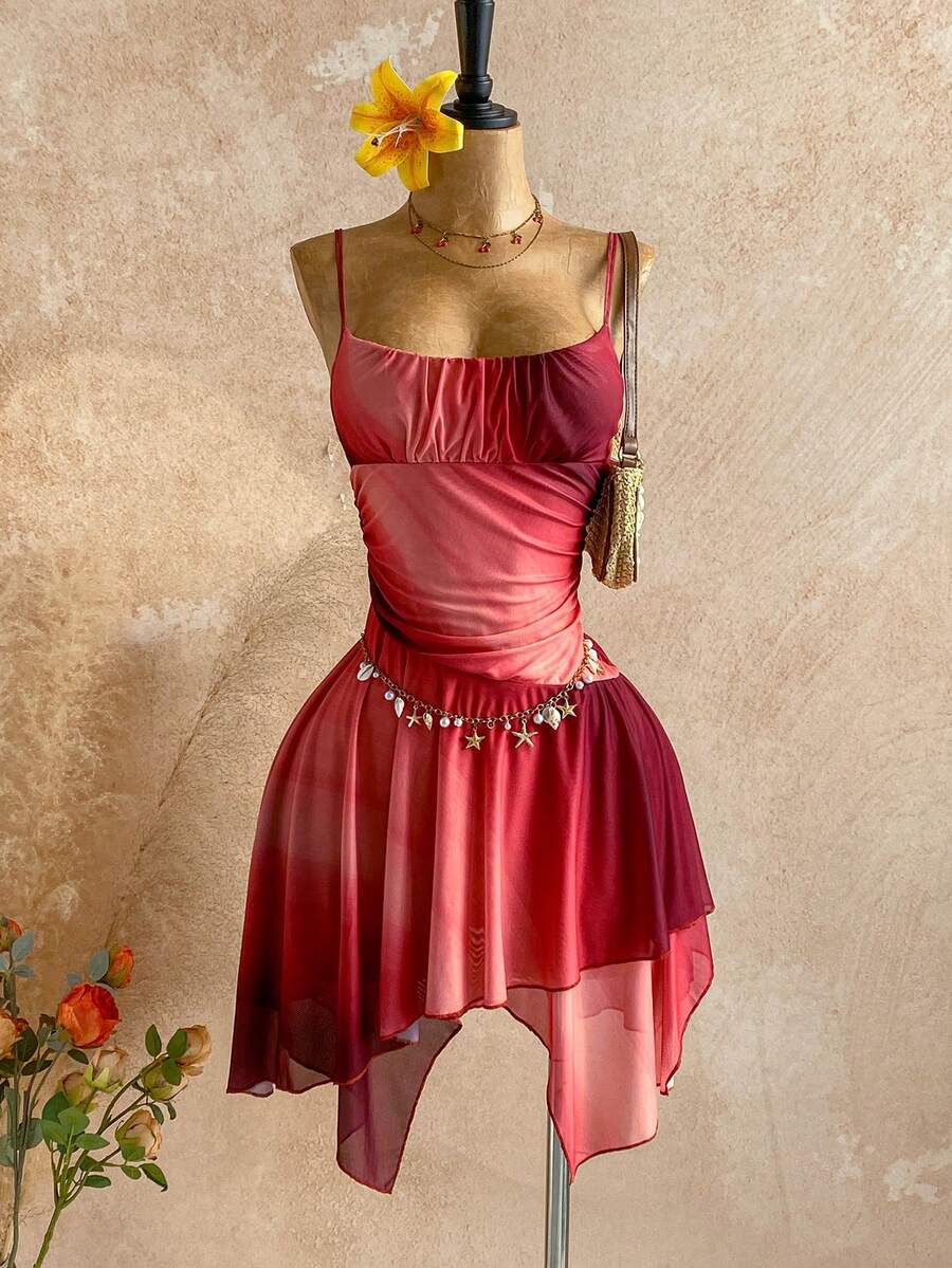 Soleia Women's Gradient Print Asymmetrical Hem Ruched Bust Spaghetti Strap Midi Dress, Sexy For Beach, Date, Holiday, Beach Vacation, Wedding, Cruise - Burgundy - View 1