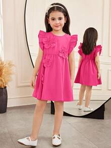 SHEIN Đầm dệt màu trơn thanh lịch cho bé gái, kiểu dáng ôm sát, họa tiết hoa, tay bồng, viền bèo, thích hợp cho kỳ nghỉ thường ngày. - Màu Hồng Tươi - Xem 6