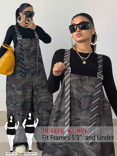 SHEIN PETITE CURVE 大码娇小女式迷彩背带条纹撞色口袋休闲街头风连体裤，适合度假、派对、聚会