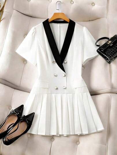 GlowEve CURVE 大码女式黑白撞色褶裥双排扣泡泡袖迷你连衣裙，优雅休闲通勤日常穿着