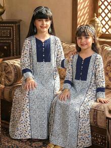 1pc Ramadan Leaf Print V-Neck Loose Robe, Traditional Arabic Clothing - Baby Blue - View 7