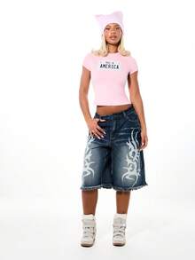 SUMWON WOMEN Made In America Graphic Baby Tee Short Sleeve Crew Neck Fitted Cotton Blend Patriotic Statement Top Casual Summer Essential - Pink - View 3