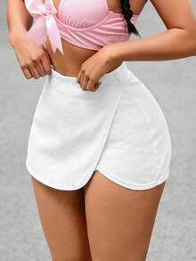 SHEIN PETITE 女士高腰不对称下摆休闲牛仔短裙 - 白色 - 查看 1