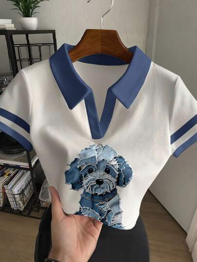 Rovax Damen Cartoon Hund Muster Kragen Kurzarm Lässig Top