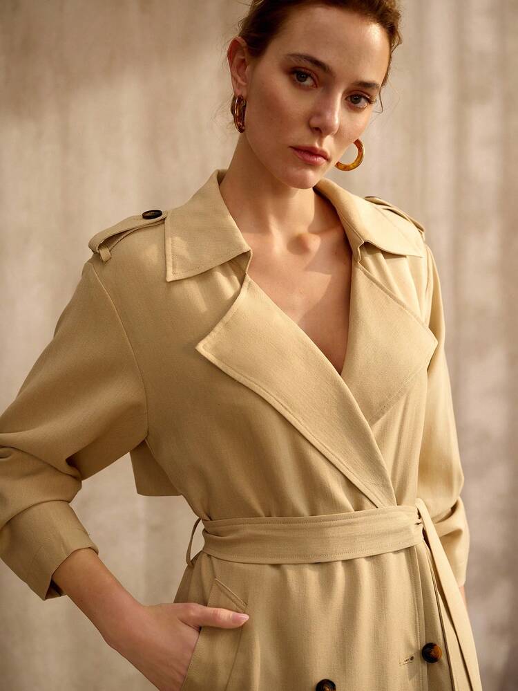 SPRING FASHIONABLE LIGHT WEIGHT SOFT TEXTURE FABRIC BELTED TRENCH COAT, OLD MONEY VINTAGE STYLE