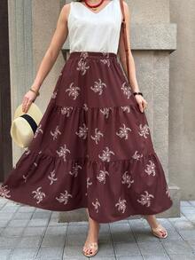Solivie Women's Elastic Waist Floral Embroidery Pattern Casual Versatile Holiday Skirt - Rust Brown - View 4