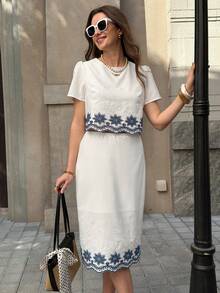 Solivie Ensemble 2 pièces Top à manches courtes col rond et jupe avec motif floral brodé, pour les vacances, les rendez-vous, les sorties. Robe blanche femme avec broderie bleue et blanche, robe blanche modeste, robe blanche style français, robe blanche vintage. Tenues d'été pour femmes. Tenues décontractées et élégantes pour femmes. - Bleu et Blanc - Voir 7