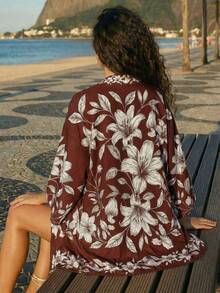 CAJUNI Women's Floral Print Open Front Kimono Beach Cover Up - Brown - View 2