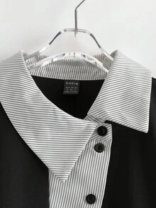 GlowEve Women's Striped Patchwork Polo Collar Short Sleeve Single-Breasted Casual T-Shirt - Black - View 4