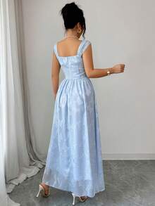 Modelyn 夏季法式浪漫高端提花无袖吊带束腰喇叭优雅连衣裙，女士款 - 藍色 - 查看 5