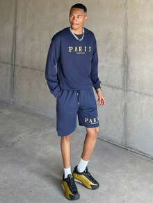 Ngobest Haus Ngobest Haus Men's Casual Letter Print Crew Neck Sweatshirt And Shorts Set, Spring & Autumn, Fall Clothes - Navy Blue - View 6