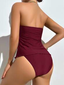 Swim Basics 优雅花卉下摆女士沙滩度假抹胸式吊带泳衣套装 - 酒紅色 - 查看 2