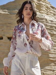 Dazy-Less Women's Long Sleeve Floral Print Button Front Casual Blouse - White - View 4