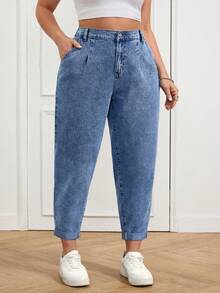 SHEIN CURVE+ 大码女式休闲高腰斜插口袋修身牛仔裤，百搭实用，适合日常通勤、春夏季节、情人节、嘉年华、毕业季、时尚Y2K风、可爱街头风、派对、婚礼、优雅商务休闲等场合。舒适宽松的蓝色弹力水洗牛仔裤，专为女性设计。 - 藍色 - 查看 6