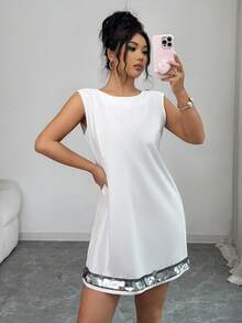 SHEIN Raffinéa Women's Sleeveless V-Neck Sequin Embellished Elegant Minimalist Short Dress White Mini Dress White Sequin Dress Sleeveless White Dress Women Mini Dresses White Club Dress - White - View 7