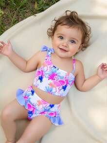 SHEIN Infant/Baby Girl2-Piece Swimsuit Set: Bowknot & Flamingo Print Sleeveless Top With Ruffle Trim & Triangle Print Bottoms - Multicolor - View 1