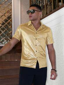 HIMLAND Camicia casual da uomo a maniche corte, colletto alla coreana, monopetto, versatile per pendolarismo, in colore unito. Camicia da uomo in seta per outfit estivi. Camicia da festa per uomo in colore oro. Camicia da uomo in raso, colore champagne. - Giallo d'oca - Visualizzare 7