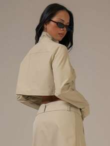 MUSERA Faux Leather Zip Through High Neck Cropped Jacket Spring Summer Cute Cosy Cottage Core Spring Dew - Khaki - View 4